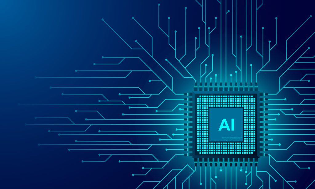 Computerchip, Text AI auf blauem Hintergrund
