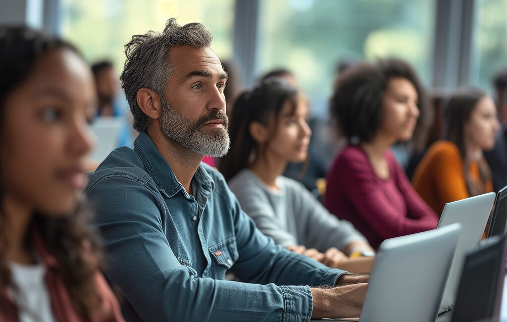Ein älterer Mann sitzt in einem Meeting oder Schulung oder ist bei einer Fortbildung